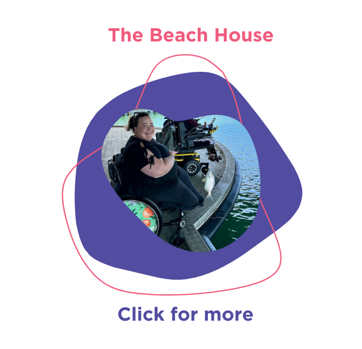 The Rocky Bay Beach House in Rockingham. This graphic includes a photo of a happy customer fishing. She is smiling at the camera as she enjoys a Beach House event out in the community. 