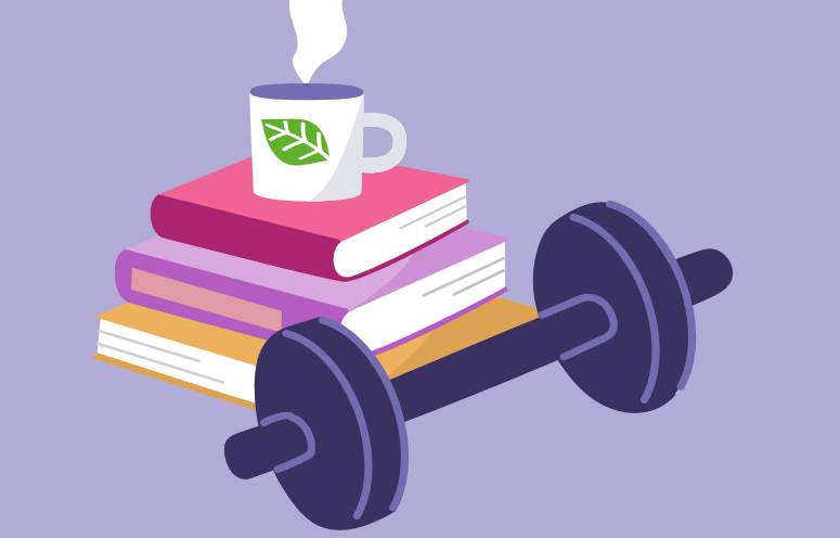 vector graphic of a dumbbell next to a stack of books which have a cup of hot coffee on top.