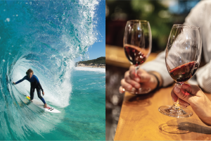 Composite image of man surfing and two people tasting wine