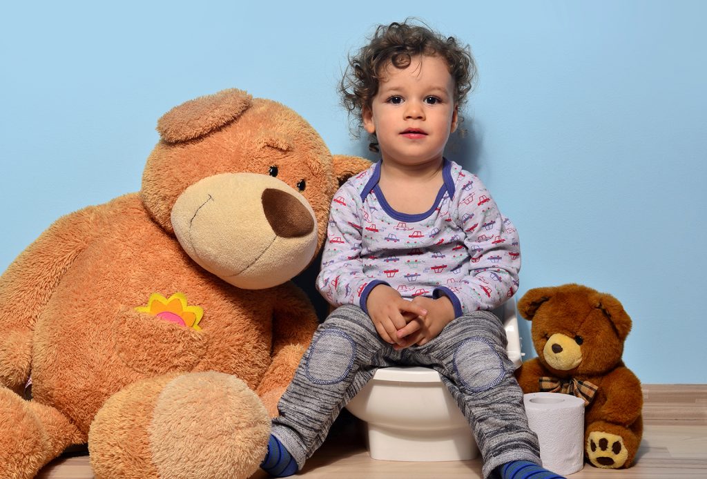 Toddler sitting on a potty surround by teddy bears