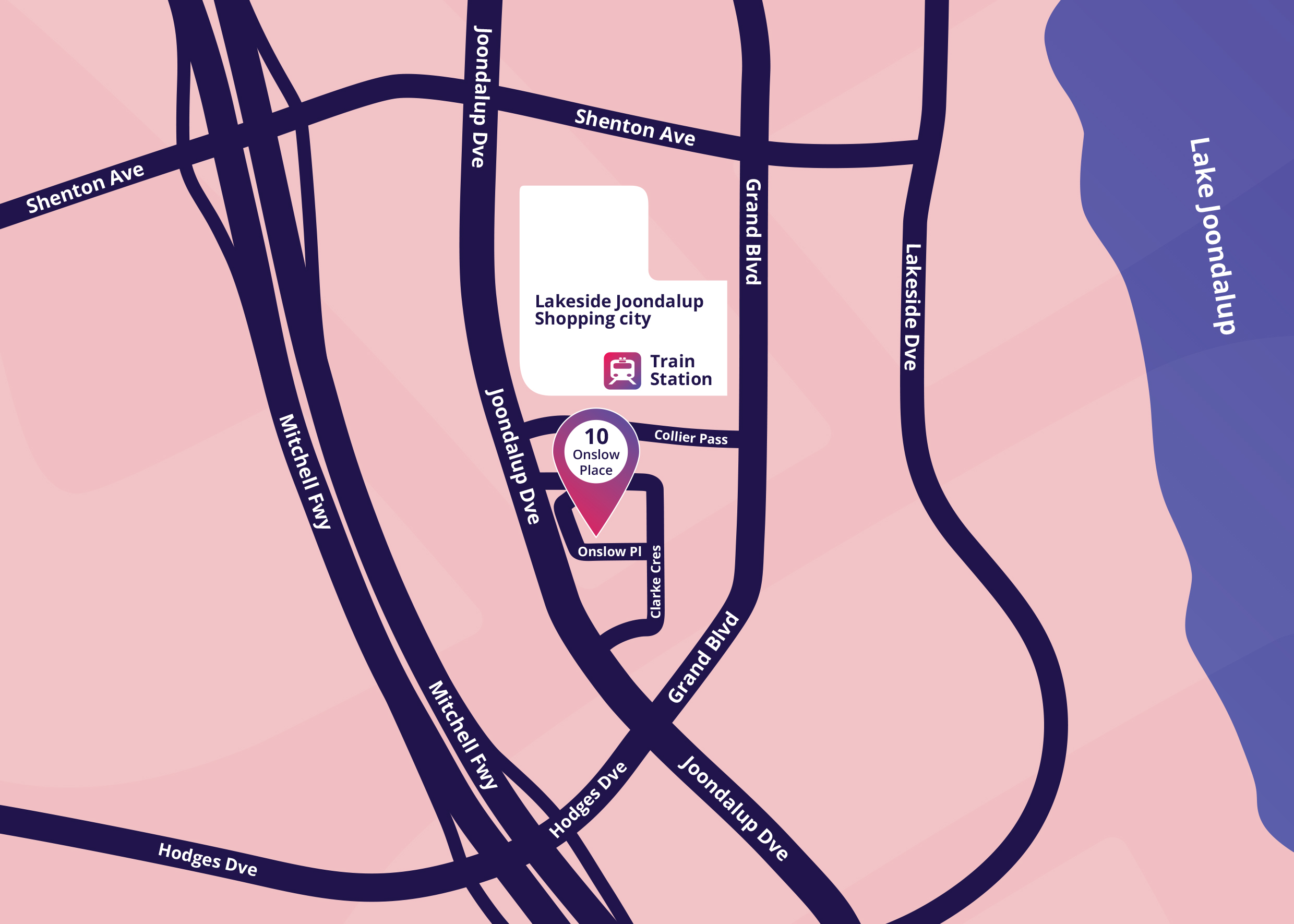 A graphic which depicts a map of where the Joondalup Hub will be located.