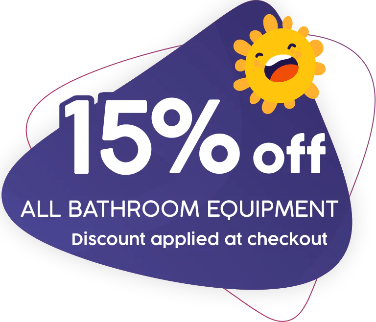 Graphic with the text 15% off bathroom equipment