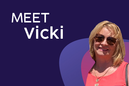A graphic with an image of Vicki and the text 'Meet Vicki.' Vicki is wearing sunglasses and smiling at the camera.