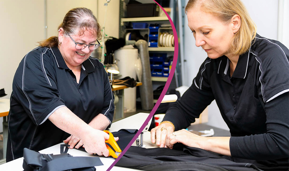Leanne and Lotta from Rocky Bay Equipment are pictured creating seat covers for wheelchairs.