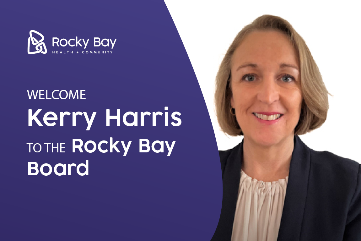 Photo of Board member Kerry Harris with text 'Welcome Kerry Harris to the Rocky Bay Board.'