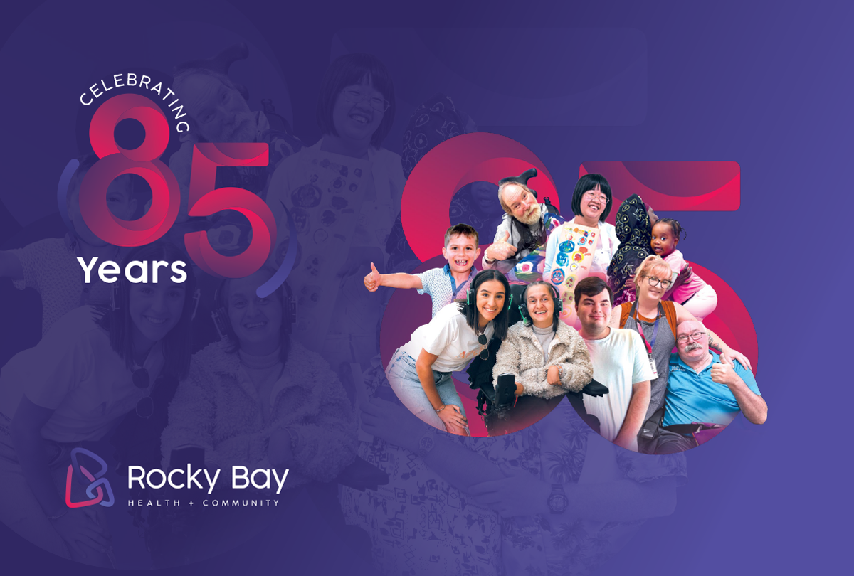 The photo has the text '85 years' and a group photo of Rocky Bay customers looking at the camera.