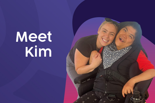 Photo of Rocky Bay staff member and customer, hugging each other and smiling at the camera. Text says 'Meet Kim.'