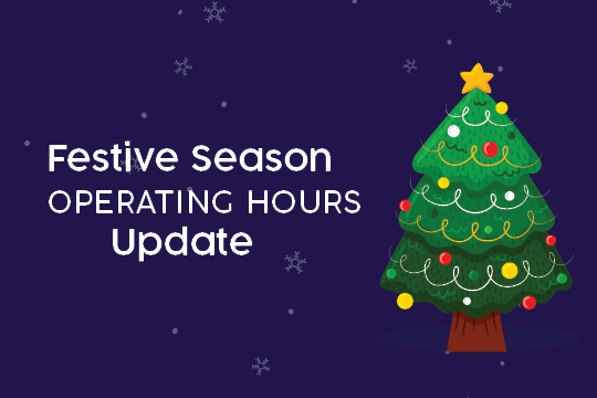 Graphic with Festive tree and text saying 'Festive Season Operating Hours.'