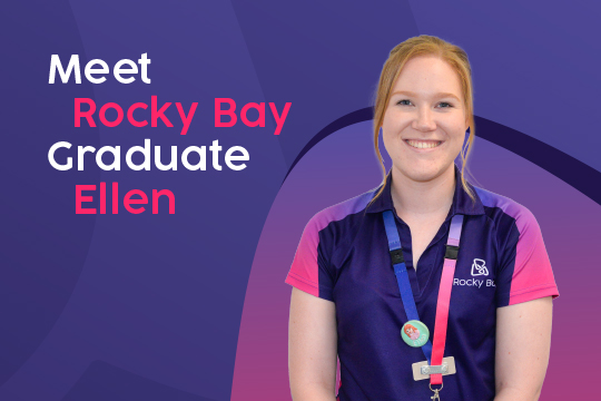 Photo of Rocky Bay graduate Ellen on a purple background with text that says 'Meet Rocky Bay Graduate Ellen.'