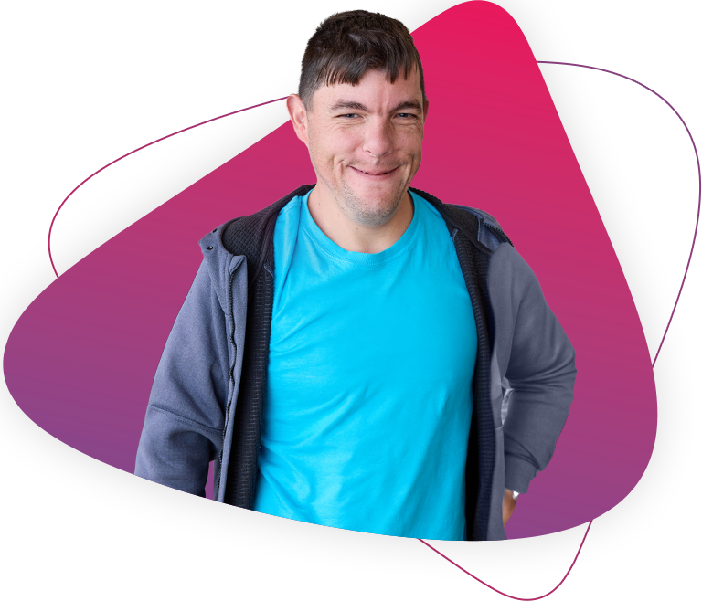 A graphic with a colourful pink and purple background and a photo of a happy Rocky Bay customer wearing a bright blue tshirt and a grey hooded zip up. He is smiling at the camera.