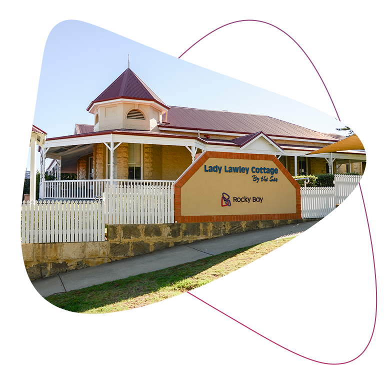 Pebble shaped graphic inclduing a photo of Lady Lawley Cottage in cottesloe