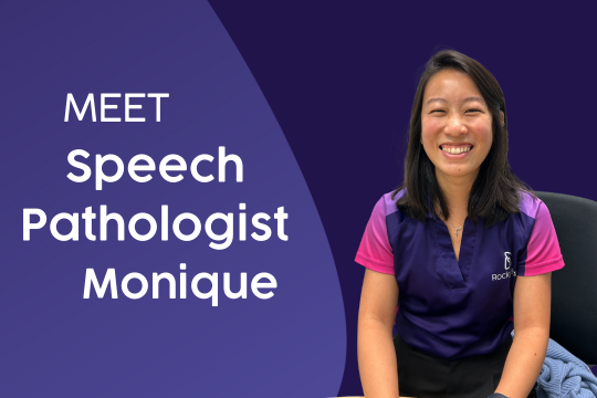 Graphic with text 'Meet Speech Pathologist Monique.' Monique is smiling at the camera.
