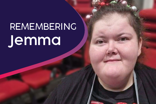 Jemma's face on the right, smiling to camera. Text on the left 'Remembering Jemma'